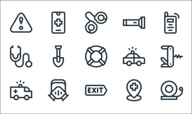 Acil durum çizgisi simgeleri. Doğrusal küme. Alarm zili, çıkış, ambulans, yer tutucu, gaz maskesi, steteskop, polis arabası, el feneri, akıllı telefon gibi kalite vektör dizileri