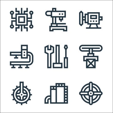 Üretim hattı simgeleri. Doğrusal küme. Vana, tank, çark, taşıyıcı bant, araçlar, taşıyıcı bant, cilalama, sondaj makinesi gibi kalite vektör çizgisi kümesi