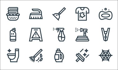 Temizlik çizgisi simgeleri. Doğrusal küme. Örümcek ağı, çamaşır suyu, tuvalet, cam sileceği, süpürge, tuvalet, bahçe hortumu, tişört gibi kalite vektör dizileri