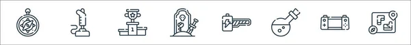 ゲームラインのアイコンだ 直線セット ゲームマップ ハンドヘルドコンソール ポーション エネルギーバー ゲームオーバー 表彰台 ジョイスティックなどの品質ベクトルラインセット — ストックベクタ