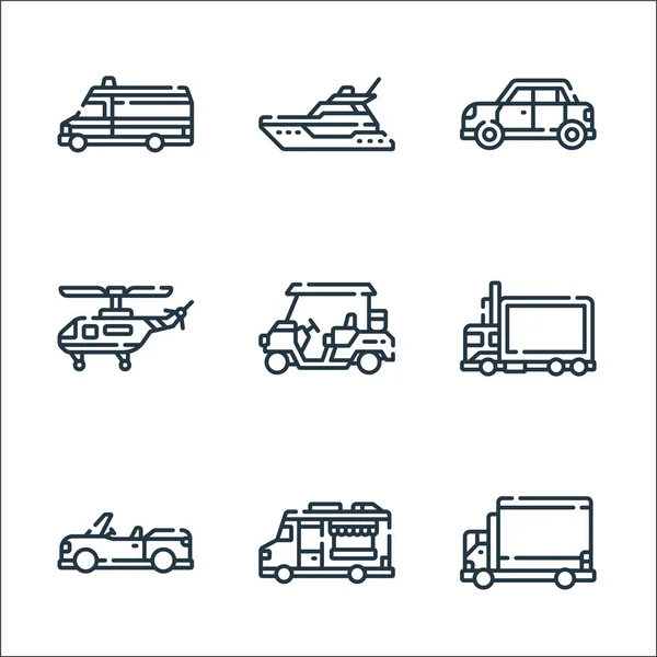 Vehículos Transportan Iconos Línea Conjunto Lineal Conjunto Línea Vectores Calidad — Vector de stock