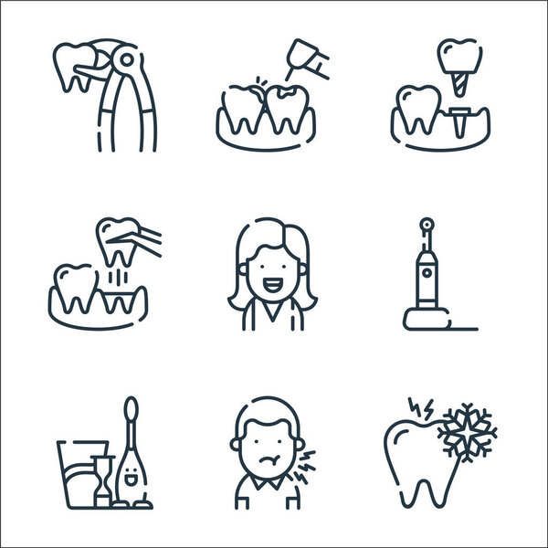 dental care line icons. linear set. quality vector line set such as sensitivity, toothache, kids, electric toothbrush, girl, extraction, implant, cavities