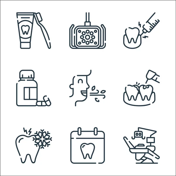 Iconos Línea Cuidado Dental Conjunto Lineal Conjunto Línea Vectores Calidad — Vector de stock