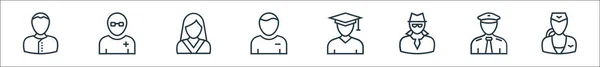 professions line icons. linear set. quality vector line set such as stewardess, pilot, spy, scholar, student, model, nurse