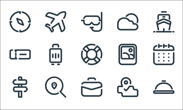travel line icons. linear set. quality vector line set such as dish, suitcase, map, search, ticket, images, weather, airplane