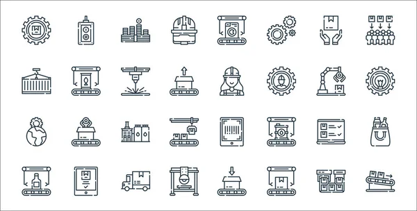 mass production line icons. linear set. quality vector line set such as packages, box, bridge saw, bottle, shipping, industry, idea, worker, food