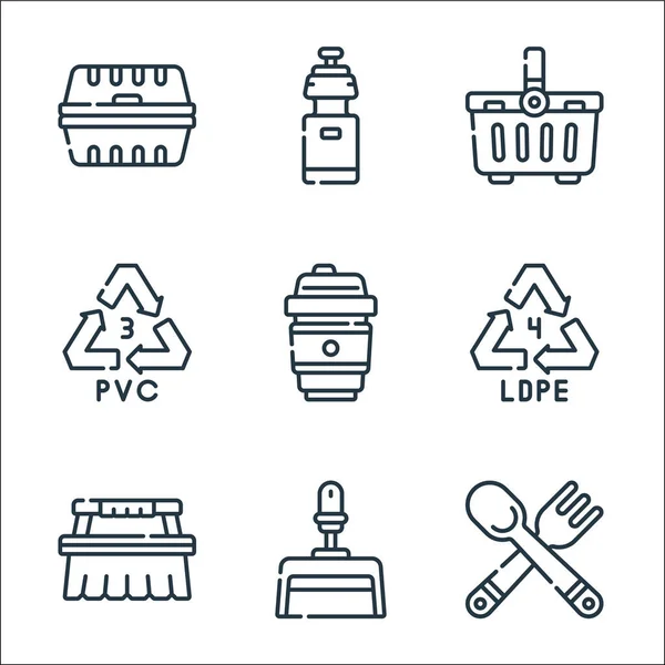 plastic products line icons. linear set. quality vector line set such as cutlery, dust pan, cleaning brush, recycle, coffee cup, recycle, basket, water bottle