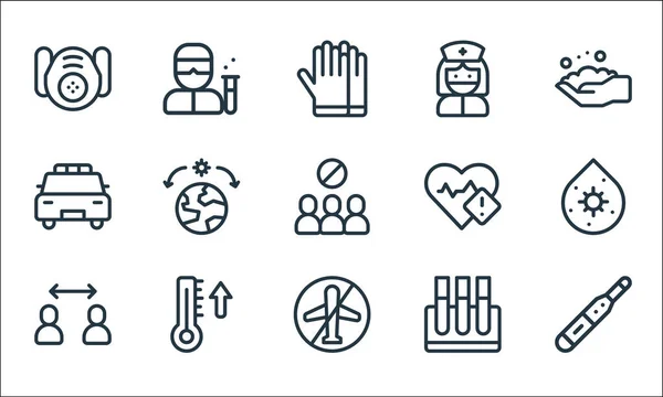coronavirus line icons. linear set. quality vector line set such as thermometer, no flight, safety, test tube, fever, police car, heartbeat, nurse, scientist