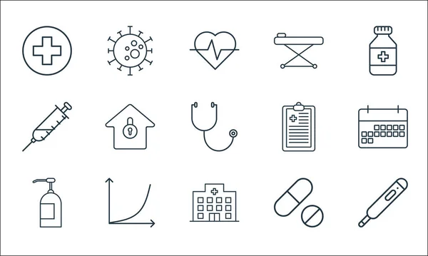 Virenzeilensymbole Lineares Set Qualitätsvektorleitungsset Wie Thermometer Krankenhaus Seife Pillen Wachstumsdiagramm — Stockvektor