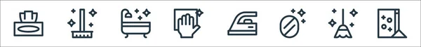 Reinigungslinien Symbole Lineares Set Qualitätsvektorleitungsset Wie Waschpulver Besen Spiegel Bügeleisen — Stockvektor