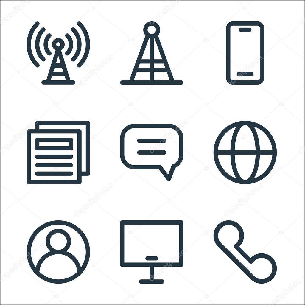 communications line icons. linear set. quality vector line set such as call, computer, user, web, chat, newspaper, smartphone, tower