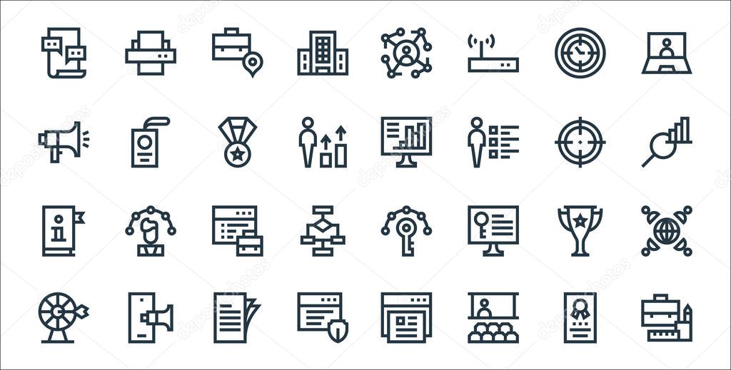 job resume line icons. linear set. quality vector line set such as briefcase, seminar, protection, target, trophy, portfolio, data analysis, computer, id card