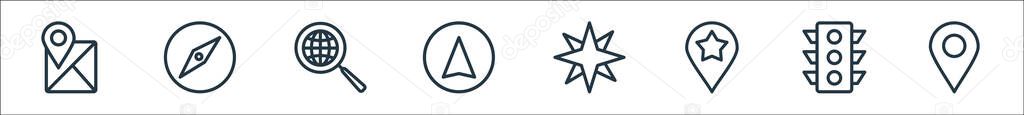 navigation line icons. linear set. quality vector line set such as location pin, traffic, location, compass, gps, comunications, compass