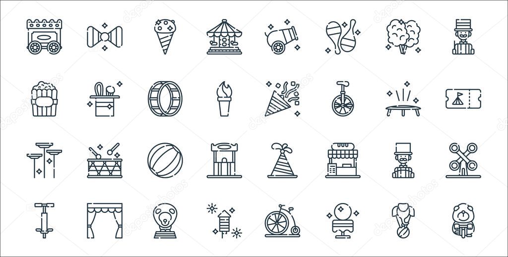 circus line icons. linear set. quality vector line set such as bear, crystal ball, fireworks, pogo stick, master of ceremonies, circus, circus, confetti, magic show