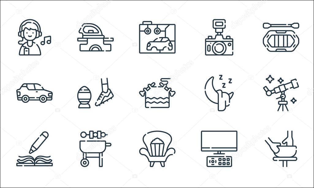 free time line icons. linear set. quality vector line set such as pottery, watch, writing, watching tv, barbeque, car, sleeping, camera, clothes