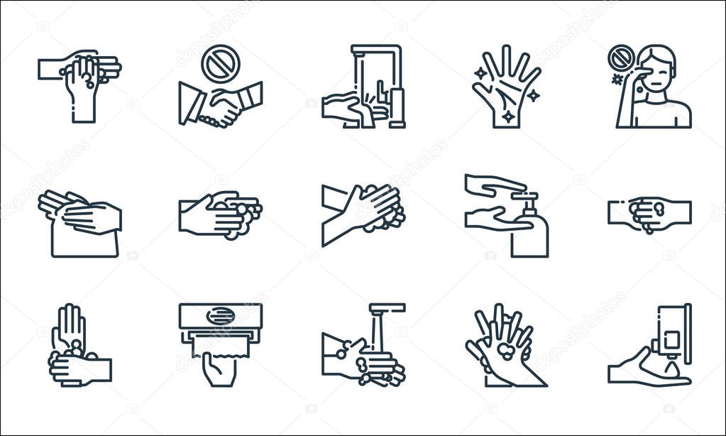 wash hands line icons. linear set. quality vector line set such as wash, handwash, washing hands, washing hands, tissue paper, hand, wash, hand, shaking