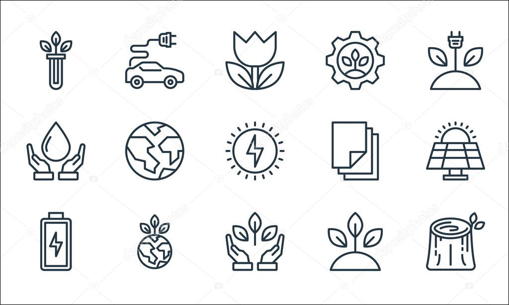 ecology line icons. linear set. quality vector line set such as stump, ecology, battery, sprout, earth day, save water, paper, electric car