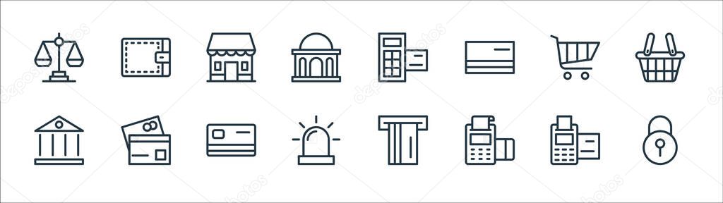 banking and finance line icons. linear set. quality vector line set such as lock, pos terminal, siren, bank, shopping cart, shopping store, pos terminal, wallet