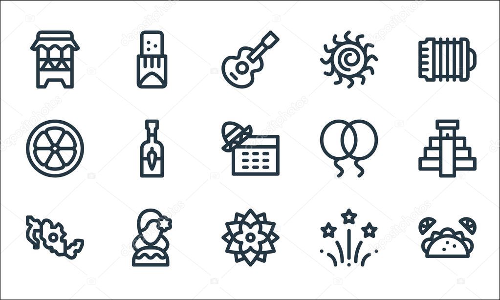 cinco de mayo line icons. linear set. quality vector line set such as tacos, dalia, mexico, fireworks, mexican, lime, balloons, sun, tamales