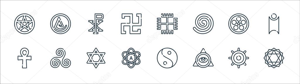spiritual symbols line icons. linear set. quality vector line set such as anahata, cao dai, atheist, ankh, tenrikyo, chi rho, paganism, asceticism