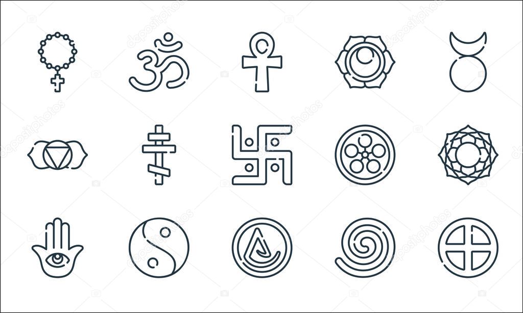 spiritual symbols line icons. linear set. quality vector line set such as spirituality, asceticism, hamsa, native, taoism, ajna, tenrikyo, svadhishthana, hinduism
