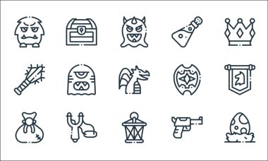 Video oyunu unsurları satır simgeleri. Doğrusal küme. Yumurta, fener, ödül, silah, mancınık, sopa, kalkan, matara, hazine gibi kalite vektör dizileri