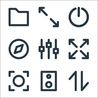 kullanıcı arayüzü satır simgeleri. Doğrusal küme. İnternet, ses, kamera deklanşörü, tam ekran, eşitleyici denetleyici, pusula, güç açık, daha büyük gibi kalite vektör çizgisi kümesi