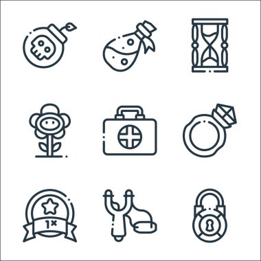 Video oyunu unsurları satır simgeleri. Doğrusal küme. Kilitli, mancınık, bonus, elmas yüzük, ilaç, çiçek, kum saati, matara gibi kalite vektör dizileri