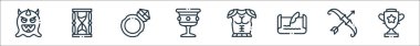 Video oyunu unsurları satır simgeleri. Doğrusal küme. Kupa, ok, harf, zırh, fincan, elmas yüzük, kum saati gibi kalite vektör çizgisi