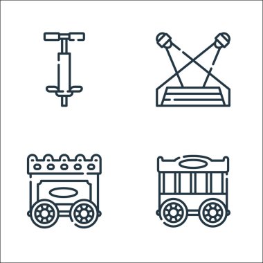 Sirk çizgisi simgeleri. Doğrusal küme. Kafes, vagon, spot ışığı gibi kalite vektör çizgisi