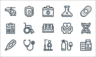 Tıbbi araçlar çizgisi simgeleri. Doğrusal küme. İlaç, yükseklik, termometre, oksijen, fonendoskop, tıbbi sonuç, sağlık hizmeti, matara, kan nakli gibi kalite vektör çizgisi