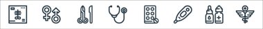 Tıbbi araçlar çizgisi simgeleri. Doğrusal küme. Eczane, göz damlası, termometre, antibiyotik, fonendoskop, ameliyat, cinsiyet gibi kalite vektör dizileri