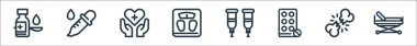 Tıbbi araçlar çizgisi simgeleri. Doğrusal küme. Sedye, ezme, antibiyotik, koltuk değneği, ağırlık ölçeği, sağlık hizmeti, damlalık gibi kalite vektör dizileri