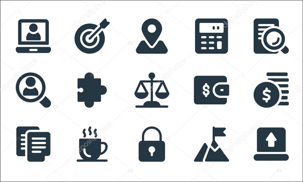 business line icons. linear set. quality vector line set such as upload file, padlock, agreement, success, cup, magnifier, wallet, calculator, target