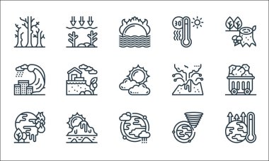 İklim değişikliği çizgisi simgeleri. Doğrusal küme. Küresel ısınma, atmosfer, küresel ısınma, fırtınalar, erime, tsunami, volkan, yüksek sıcaklık, okyanus gibi kalite vektör çizgileri