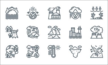 İklim değişikliği çizgisi simgeleri. Doğrusal küme. Volkan, yüksek sıcaklık, küresel ısınma, buzdağı, hava durumu, ağaç kütüğü, deniz seviyesi, asit yağmuru, ev etkisi gibi kalite vektör çizgisi kümesi