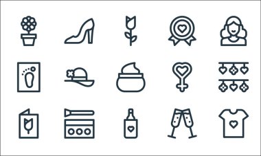 Anneler günü sembolleri. Doğrusal küme. Tişört, şampanya, posta, tezahürat, makyaj seti, yalınayak, kadın, madalya, ayakkabı gibi kalite vektör dizileri