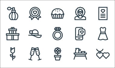 Anneler günü sembolleri. Doğrusal küme. Kolye, saksı, gül, yatak, tezahürat, hediye, aşk, büyükanne, madalya gibi kalite vektör dizileri