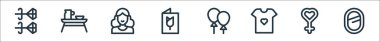 Anneler günü sembolleri. Doğrusal küme. Ayna, kadın, gömlek, balon, posta, anne, yatak gibi kalite vektör dizileri
