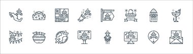 Cinco de mayonez çizgisi simgeleri. Doğrusal küme. Cinco de mayonez, web sitesi, reklam panosu, çelenk, tamale, Meksika, Meksika, taco gibi kalite vektör dizileri