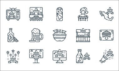 Cinco de mayonez çizgisi simgeleri. Doğrusal küme. Cinco de mayonez, web sitesi, cinco de mayonez, chilli, reklam panosu, tekila, Meksika, Meksikalı kadın gibi kalite vektör dizileri,