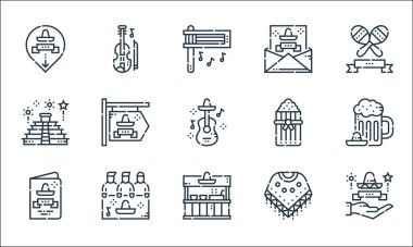 Cinco de mayonez çizgisi simgeleri. Doğrusal küme. Cinco de mayonez, Meksika broşürü, panço, şapka, tamale, cinco de mayonez, keman gibi kalite vektör dizileri