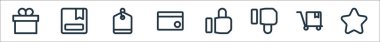 ekommerce çizgi simgeleri. Doğrusal küme. Favori gibi kalite vektör dizisi, alışveriş arabası, atıf kartı, etiket, kutu gibi.