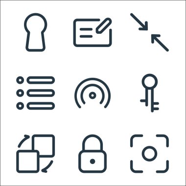 Arayüz çizgisi simgeleri. Doğrusal küme. Lens, kilit, minimize, anahtar, ağ, menü, minimize, e- posta gibi kalite vektör dizisi