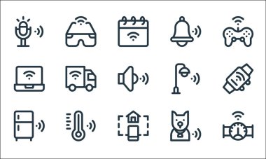 Nesnelerin internet bağlantısı simgeleri. Doğrusal küme. Akıllı metre, ev kontrolü, akıllı buzdolabı, izleyici, akıllı sıcaklık, dizüstü bilgisayar, sokak lambası, zil, gözlük gibi kalite vektör dizileri