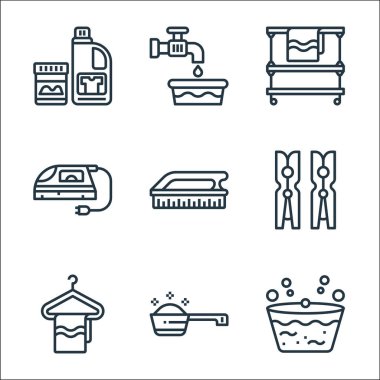 Çamaşır ipi simgeleri. Doğrusal küme. Yıkama, çamaşır deterjanı ölçüm kaşığı, askı, elbise mandalı, fırça, giysi ütüsü, tramvay, su musluğu gibi kalite vektör dizileri