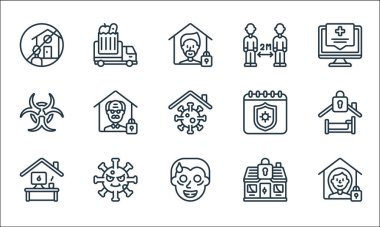 Kişisel izolasyon çizgisi simgeleri. Doğrusal küme. Kaliteli vektör dizisi karantina, çılgınlık, ev ofisi, evde kalma, virüs, biyolojik tehlike, karantina, mesafe, market kamyonu gibi