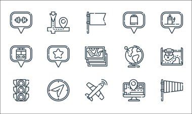 Navigasyon ve harita çizgi simgeleri. Doğrusal küme. Rüzgar yönü, uçak, trafik ışıkları, takip, pusula, tren istasyonu, dünya, alışveriş merkezi, rota gibi kalite vektör çizgisi