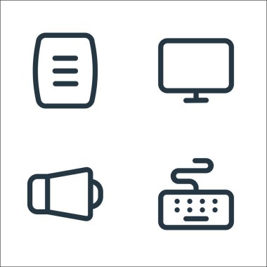 aygıt hattı simgeleri. Doğrusal küme. Klavye, ses, monitör gibi kalite vektör çizgisi