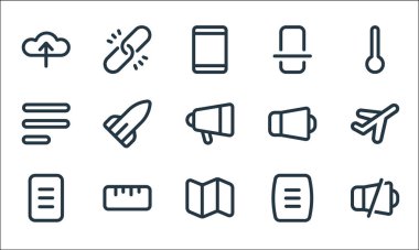 aygıt hattı simgeleri. Doğrusal küme. Sessizlik, harita, belge, menü, cetvel, seçenek, ses, tarama, zincir gibi kalite vektör dizileri